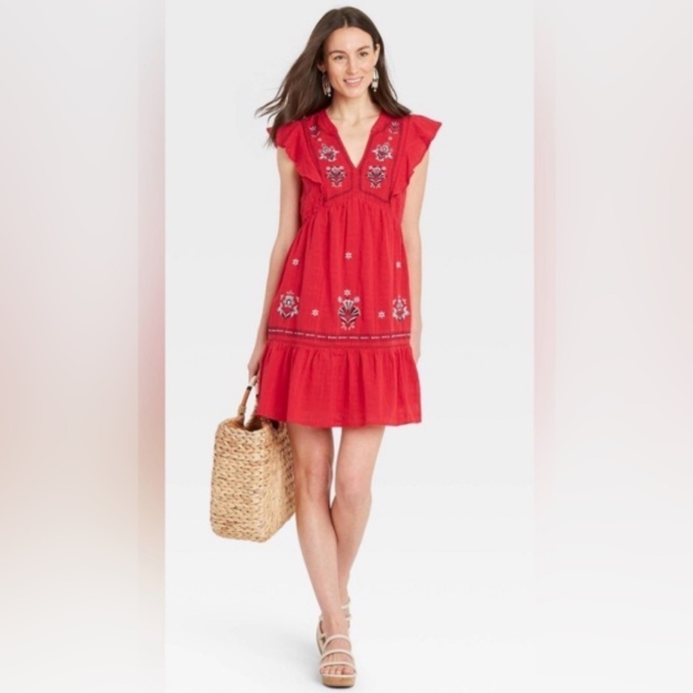 Knox Rose Women's Boho Short Sleeve V Neck Tiered Embroidered Dress Size L - Picture 3 of 16